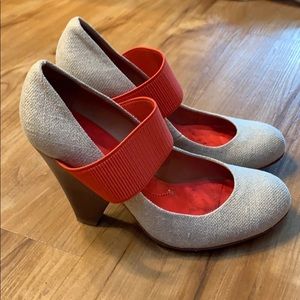 Bcbg cream and orange/red strap heels